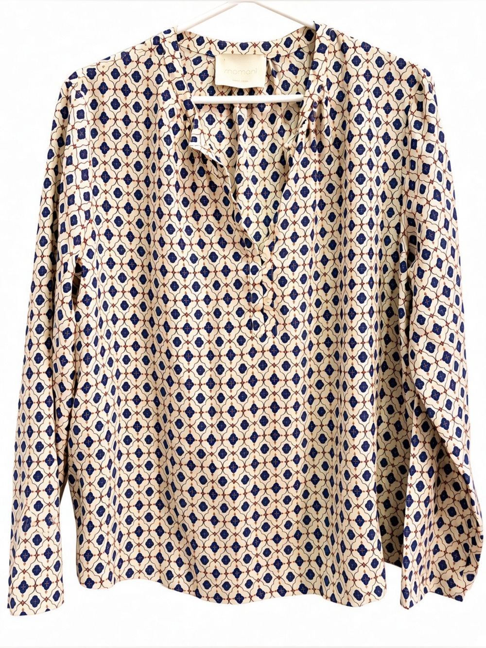 Momoni 100% silk blouse geometric floral pattern pullover mandarin collar SZ 44